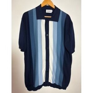 OXKNIT Mens 2XL Blue White Striped Short Sleeve Button Down Polo Sweater Shirt